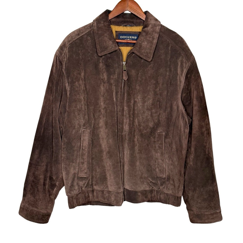 Dockers Jacket Large 100% Genuine Leather Suede Brown Full Zip Harrington Bomber